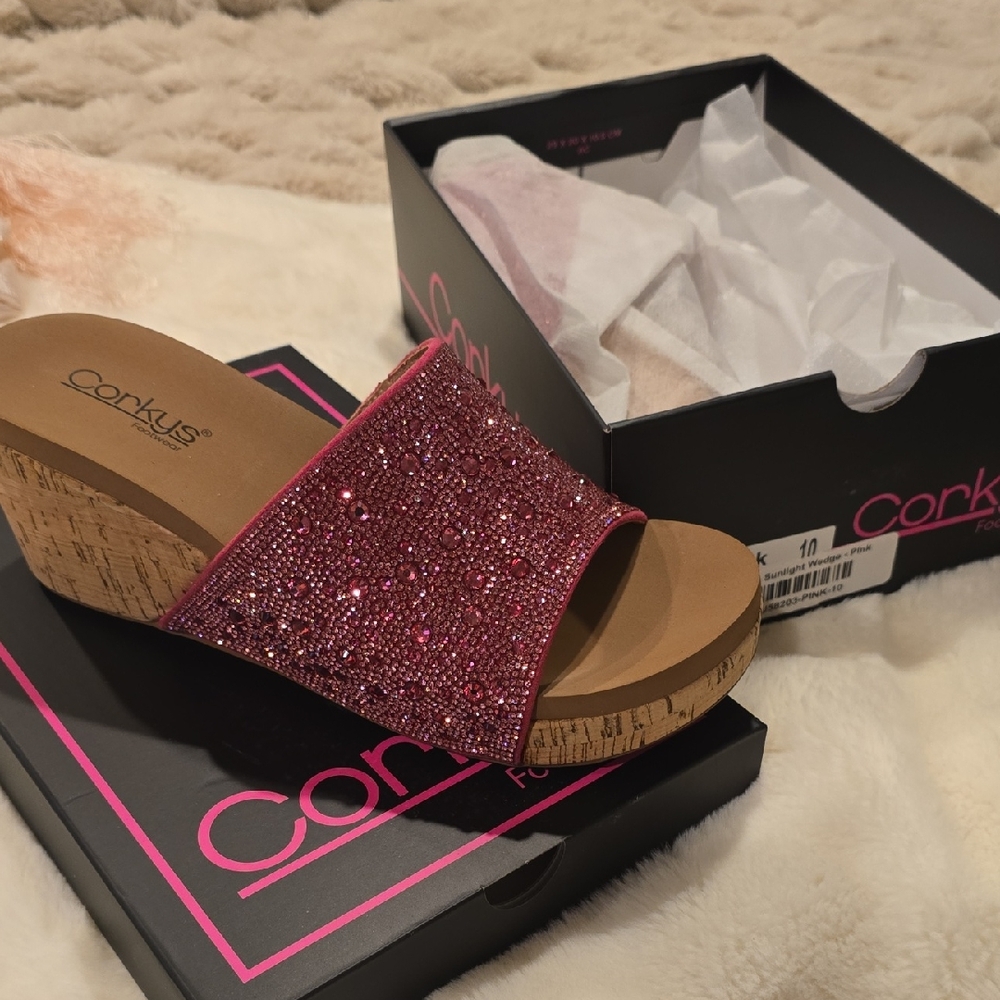 Corkys Pink Tan Wedge Sandals Sparkly Slip-On